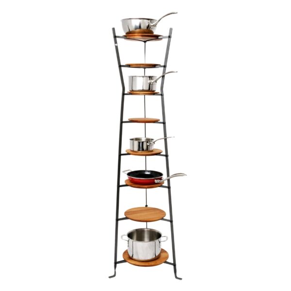 8-Tier Gourmet Hourglass Cookware Stand w/Alder Shelves Hammered Steel