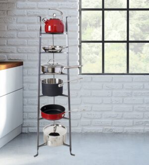 6-Tier Gourmet Cookware Stand w Alder Shelves Hammered Steel - Enclume Design Products