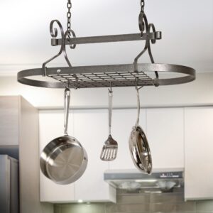 Scrolled Oval Pot Rack in Hammered Steel