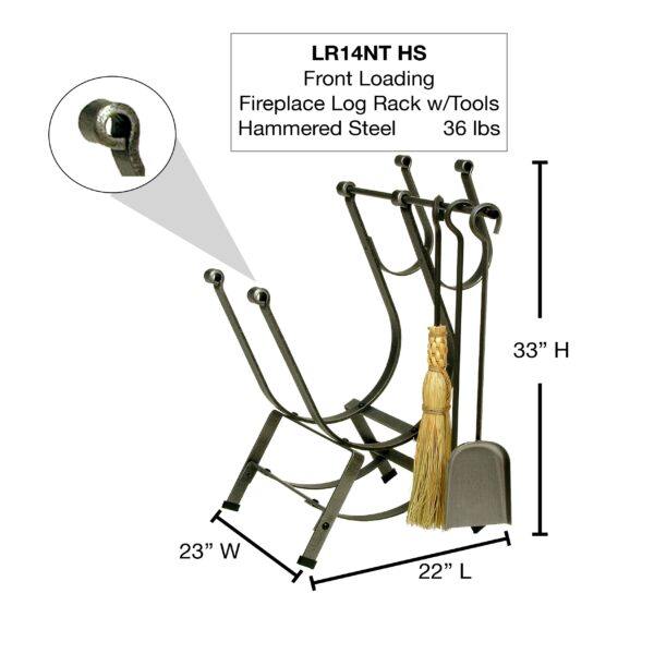 Front Loading Fireplace Log Rack w/ Tools Hammered Steel