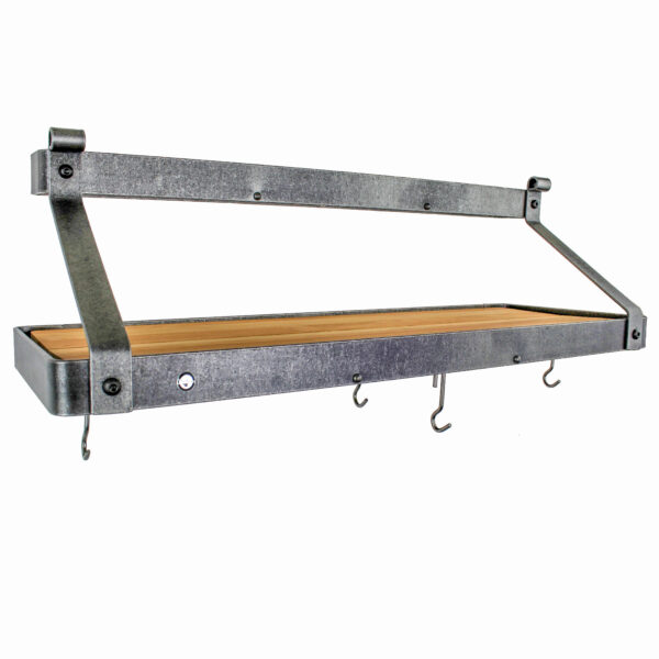 Handcrafted 36" Gourmet Deep Bookshelf Wall Rack w Accessory Shelf & 18 Hooks Hammered Steel